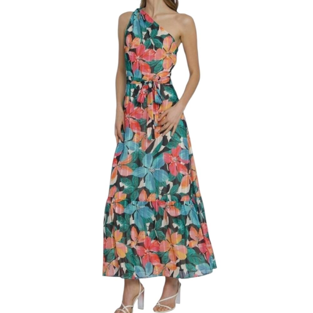 Maggy London Floral Tropical Belted One-Shoulder Maxi Dress Vacation Size 6 New